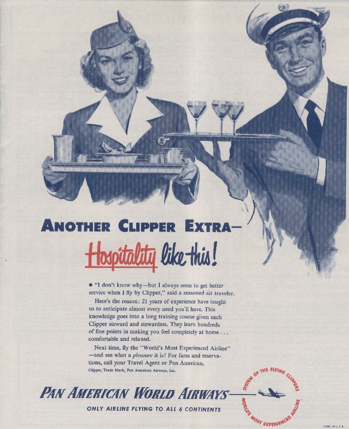 1948, December, An ad promoting in-flight service from a Pan American timetable.